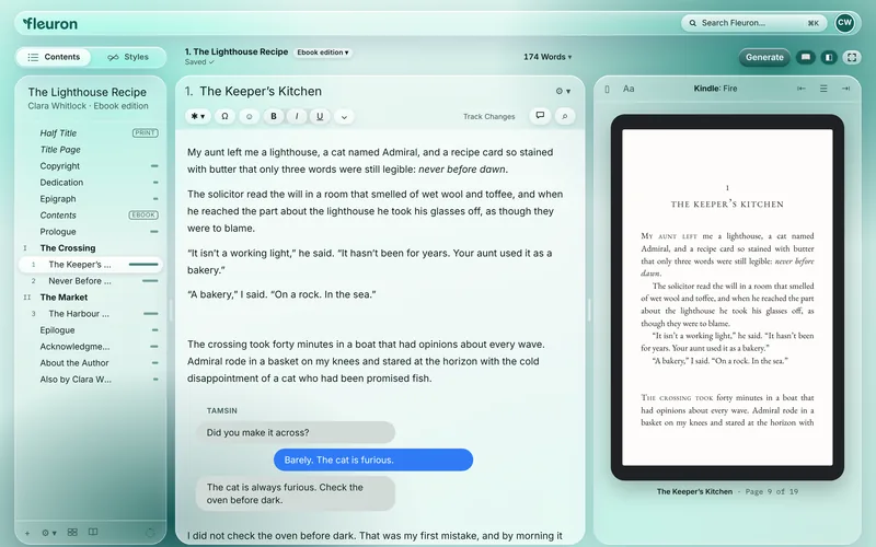 The Fleuron main screen with the contents, the editor and a live Kindle preview.