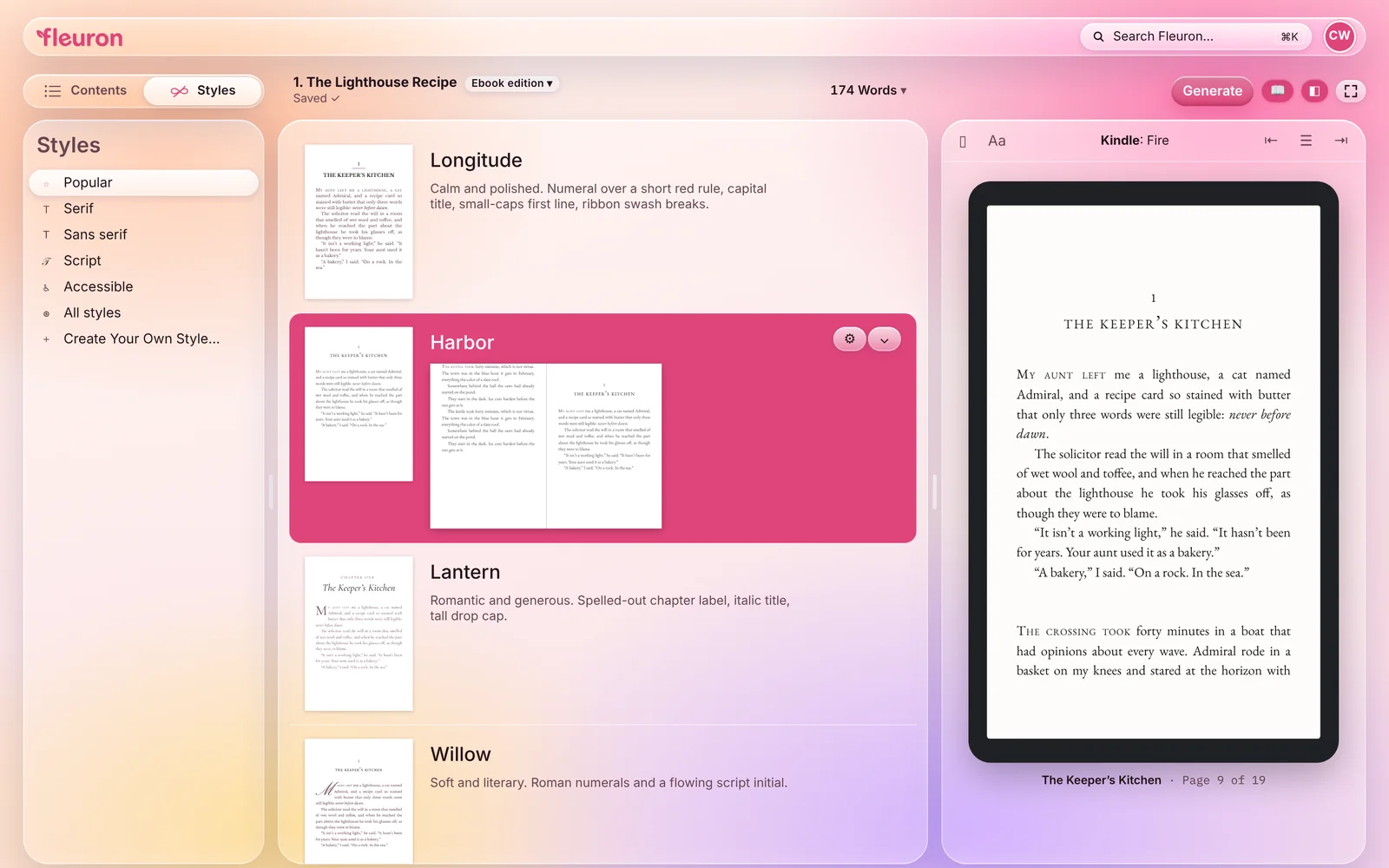 The Styles gallery: categories on the left, previews of the Longitude, Harbor, Lantern and Willow styles in the middle with Harbor selected, and the Kindle preview on the right.