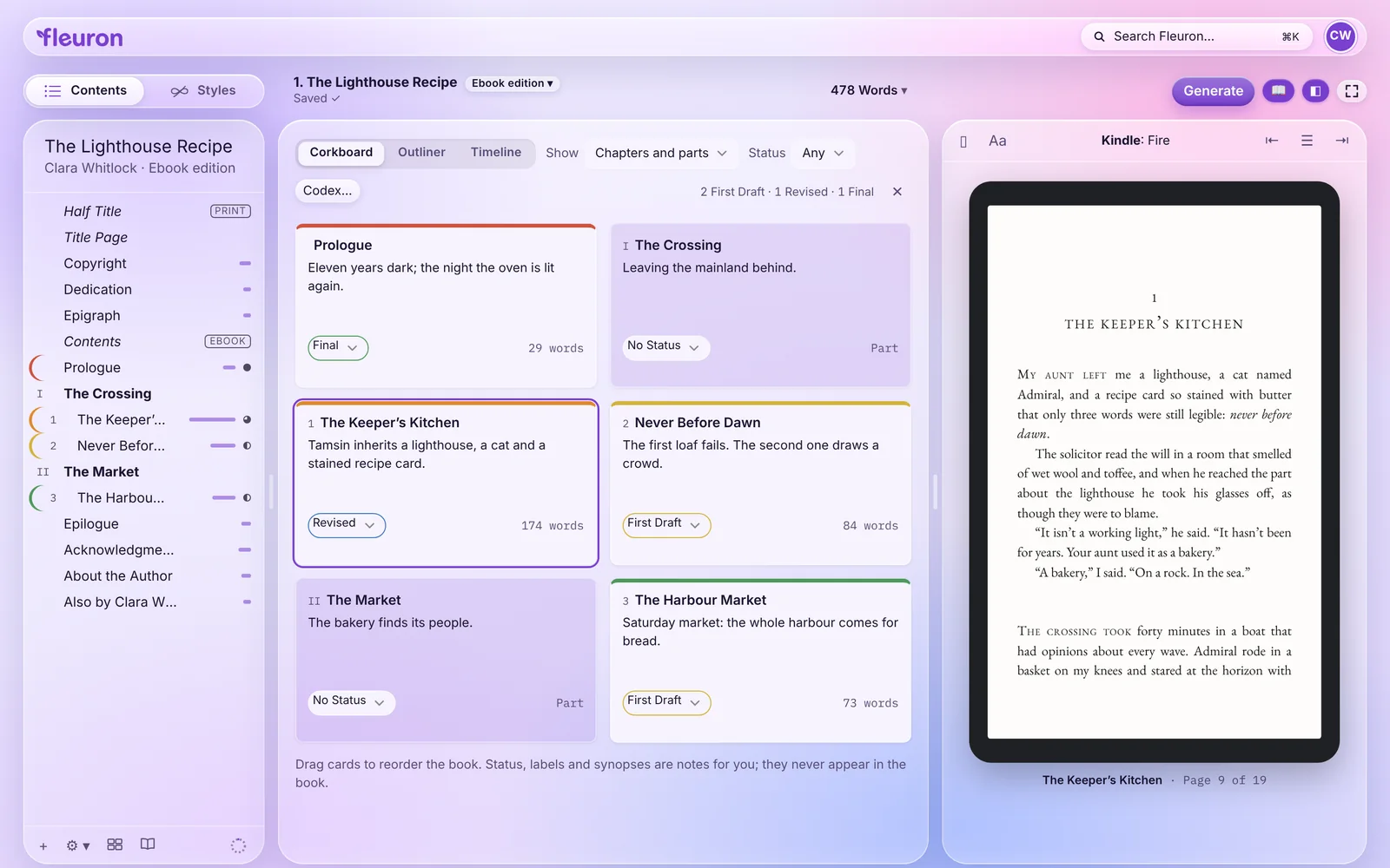 The Corkboard: index cards for each chapter of The Lighthouse Recipe, with synopses, word counts, colour labels and status menus showing Final, Revised and First Draft.