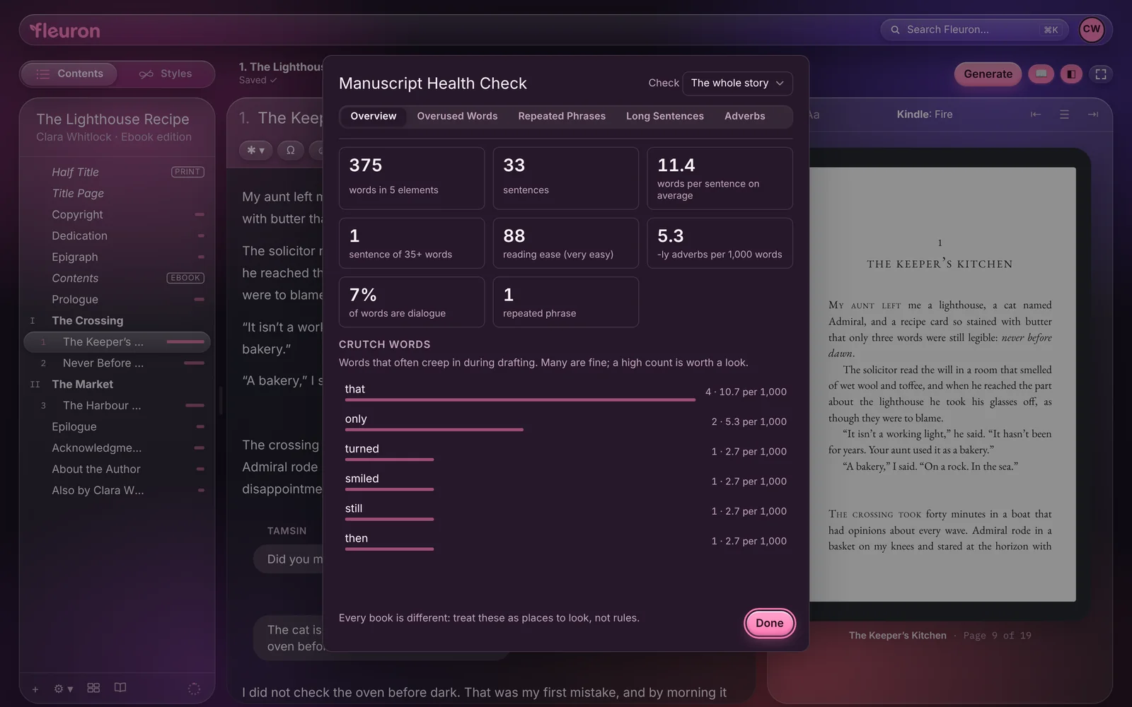 The Manuscript Health Check window: overview figures for words, sentences, average sentence length, long sentences, reading ease, adverbs, dialogue and repeated phrases, with a list of crutch words below.