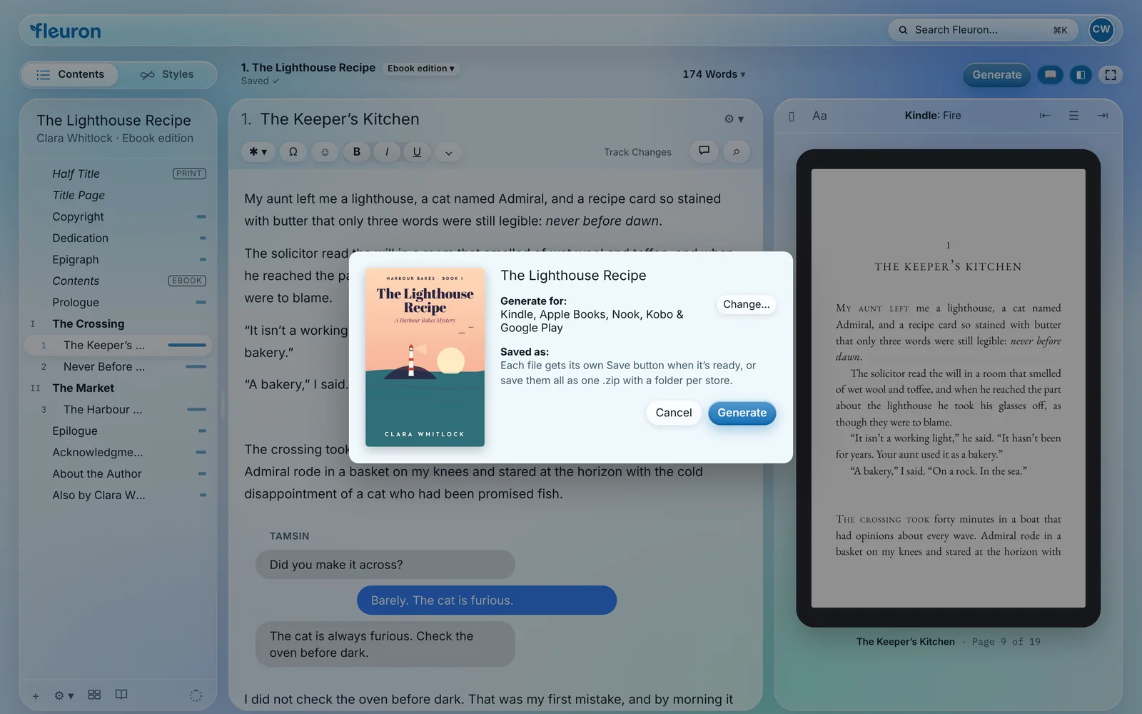 The Generate window over the editor: The Lighthouse Recipe with its cover, set to generate for Kindle, Apple Books, Nook, Kobo and Google Play, with Change, Cancel and Generate buttons.