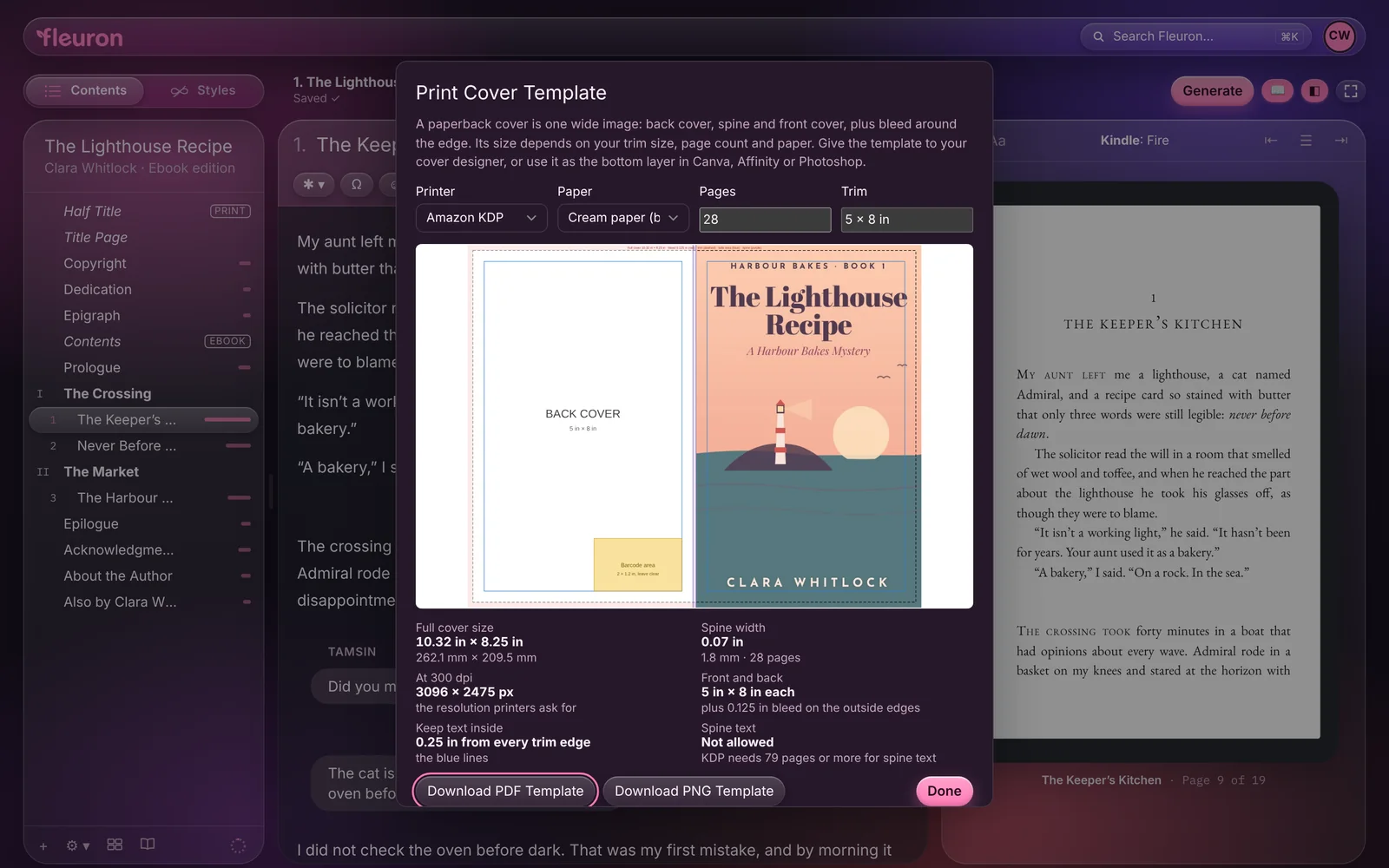 The Print Cover Template window: back cover, spine and front cover laid out for Amazon KDP on cream paper at 5 by 8 inches and 312 pages, with the full cover size, spine width and buttons to download a PDF or PNG template.