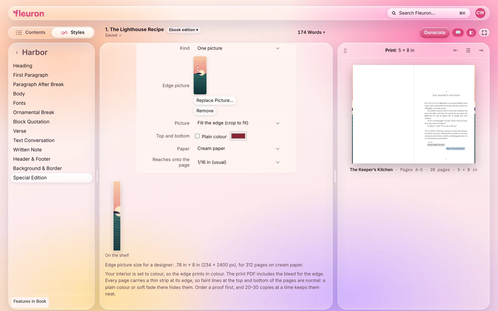 The Special Edition settings: printed edges switched on with one picture of a lighthouse at sunset, cream paper, a preview of the edge on the shelf, and the edge picture size for a designer. The print preview shows the picture on the page edges.