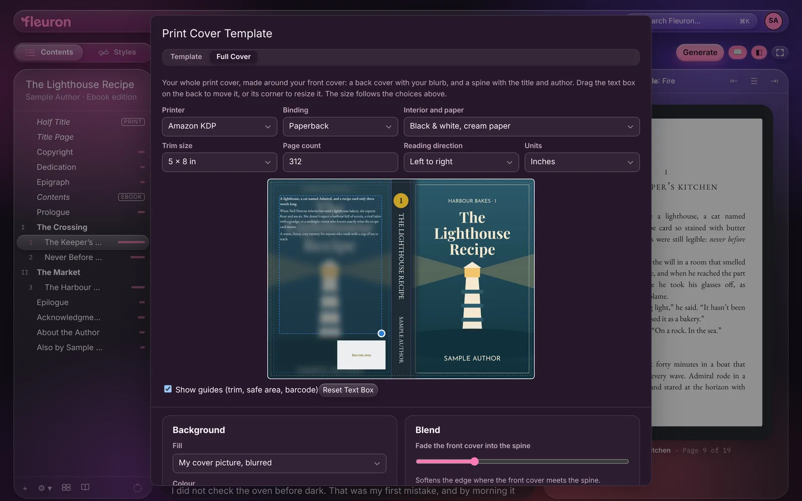 The Full Cover tab of the Print Cover Template window: Amazon KDP, paperback, cream paper, 5 by 8 inches, 312 pages. The whole print cover is made around the front cover of The Lighthouse Recipe: the back has the blurb over a blurred copy of the cover with the barcode area kept clear, and the spine has the title, the author and a gold series badge with the number 1.