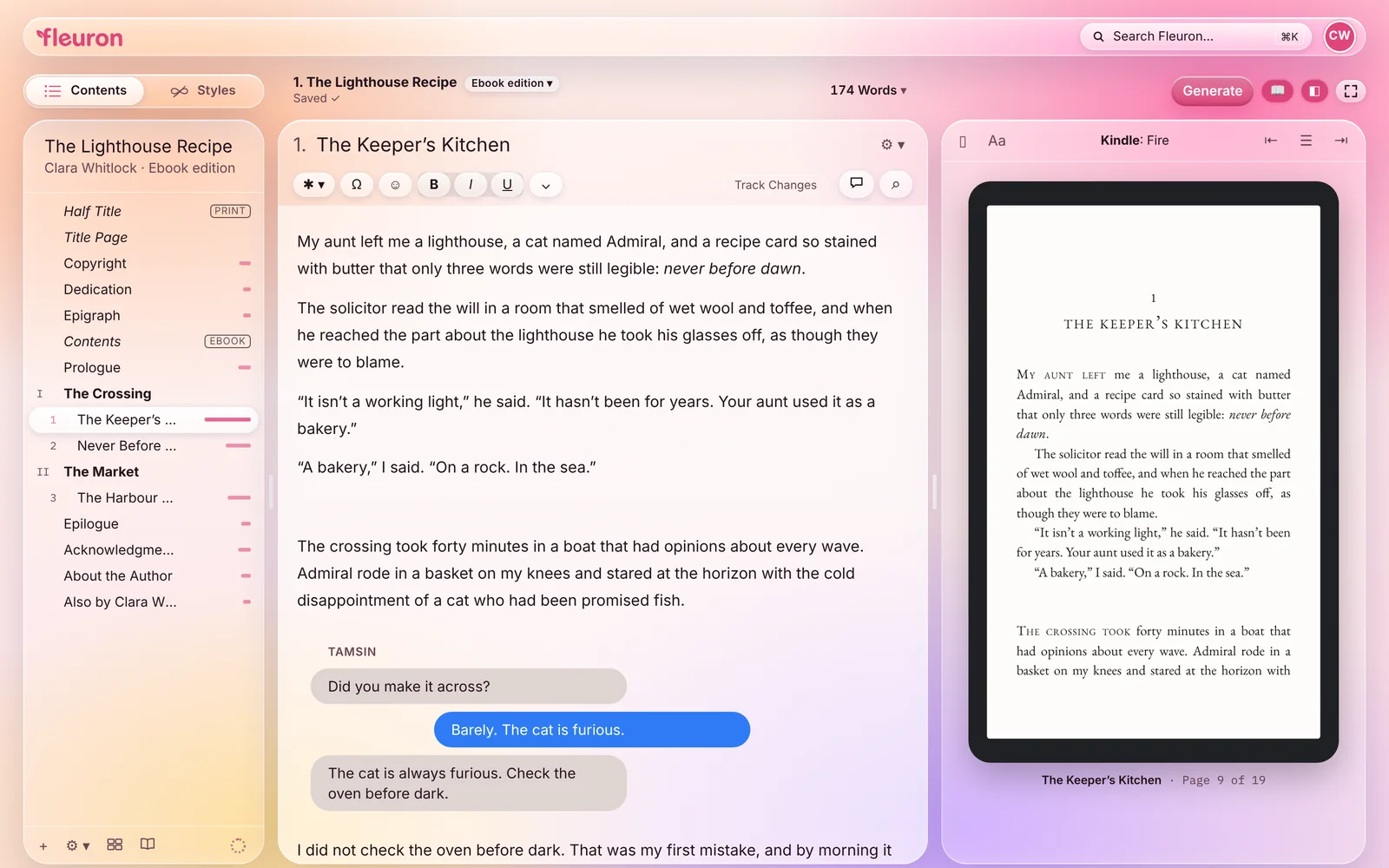 The same main screen in the Liquid Glass design with its Sunset theme: contents on the left, the editor in the middle and the Kindle preview on the right.